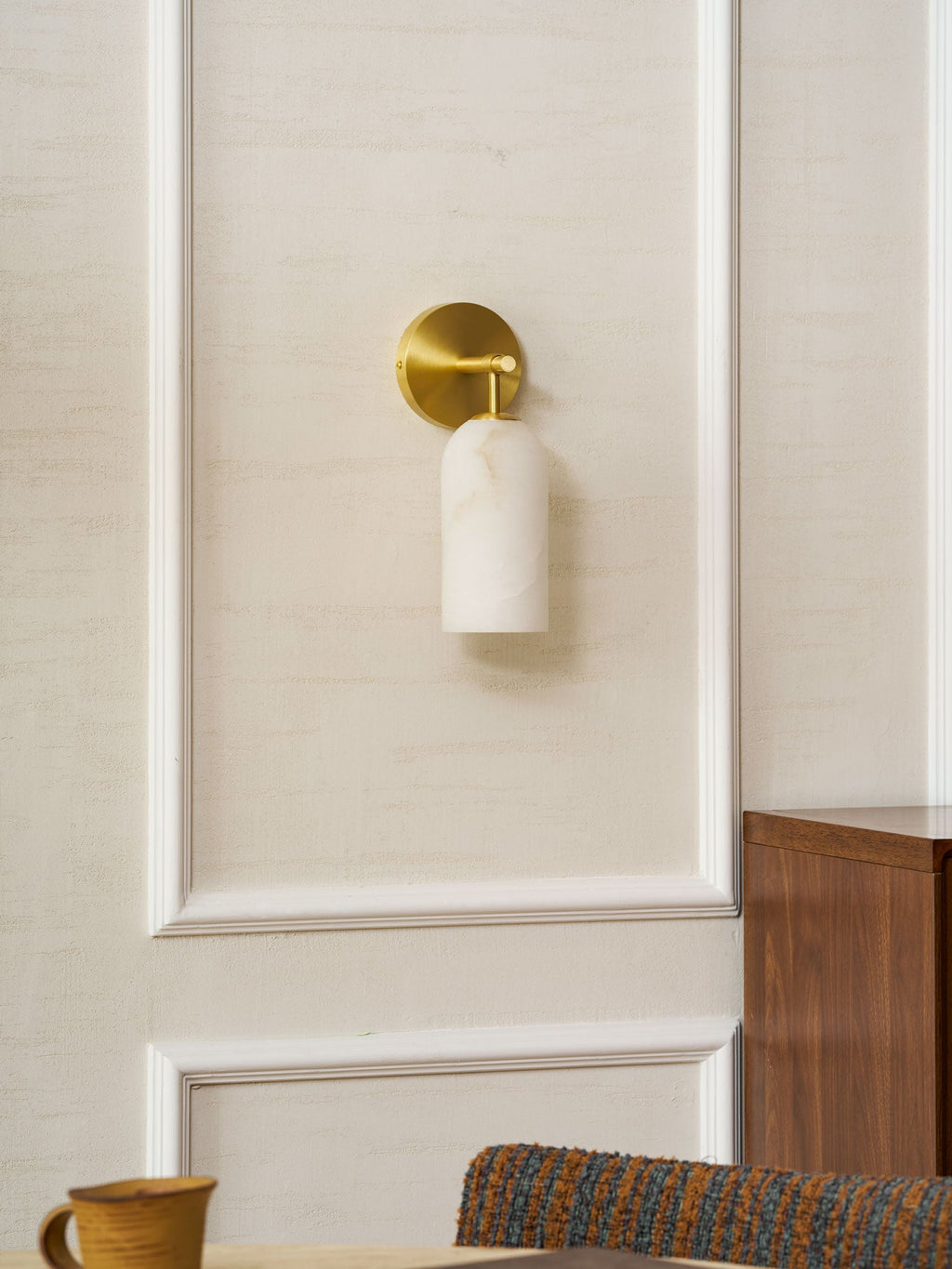 Wall Sconce, Translucent Alabaster Cylinder, Brushed Gold, E14