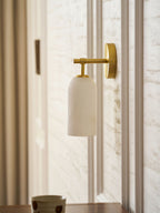 Wall Sconce, Translucent Alabaster Cylinder, Brushed Gold, E14