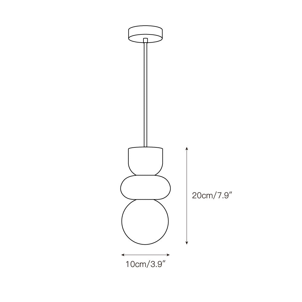 Dimension drawing for the alabaster totem pendant light showing a 10 cm / 3.9 inch diameter and 20 cm / 7.9 inch height