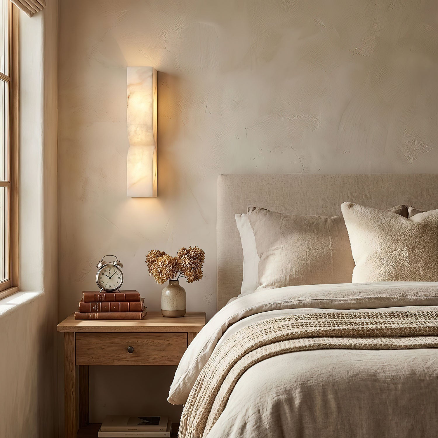 Sculptural carved alabaster wall light glowing in a refined room