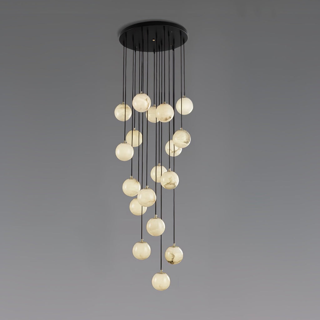 The largest Afralia cluster shot on grey, spheres staggered across three tiers of cord.
