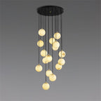 A larger Afralia cluster size, its alabaster balls spiralling in two tiers on black cords.