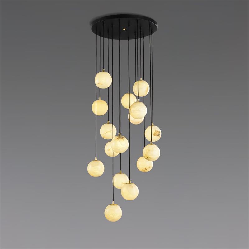 A larger Afralia cluster size, its alabaster balls spiralling in two tiers on black cords.