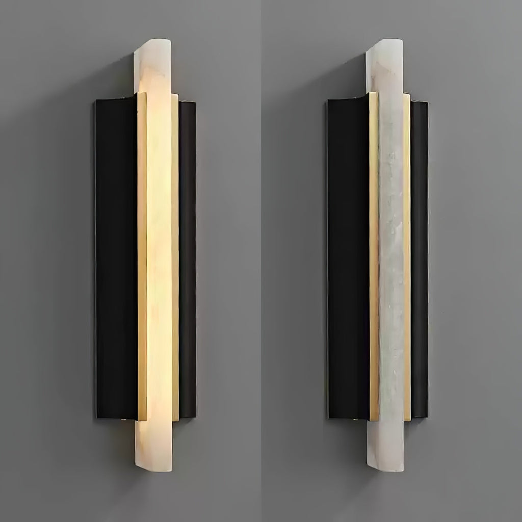 The fixture shown lit and unlit side by side on grey, comparing glow with raw stone.