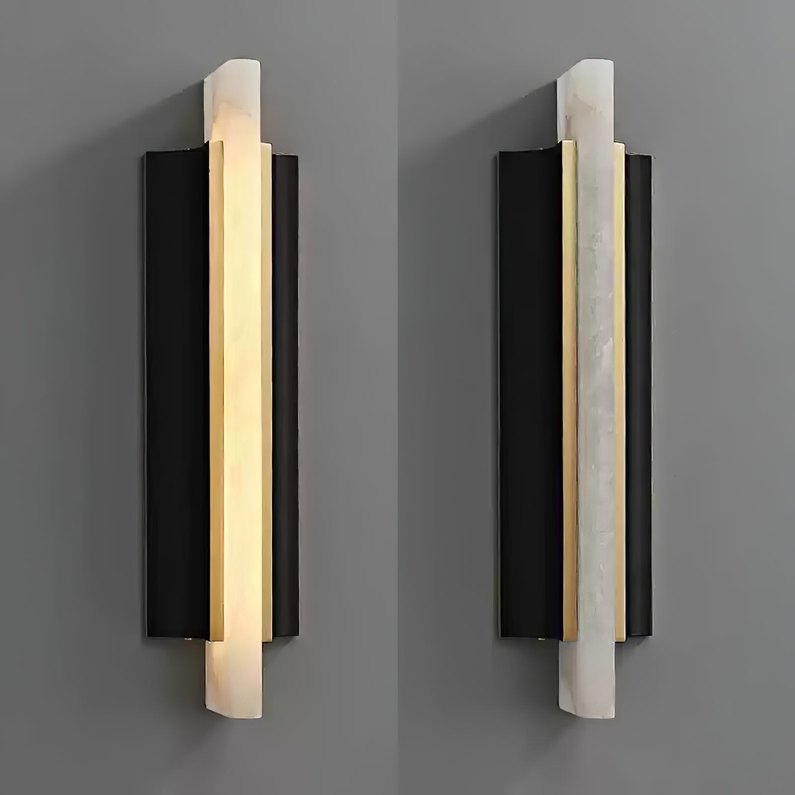 The fixture shown lit and unlit side by side on grey, comparing glow with raw stone.