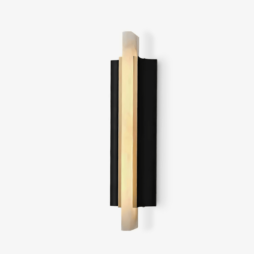 Studio view on white showing the alabaster blade overlapping the black curved backplate.