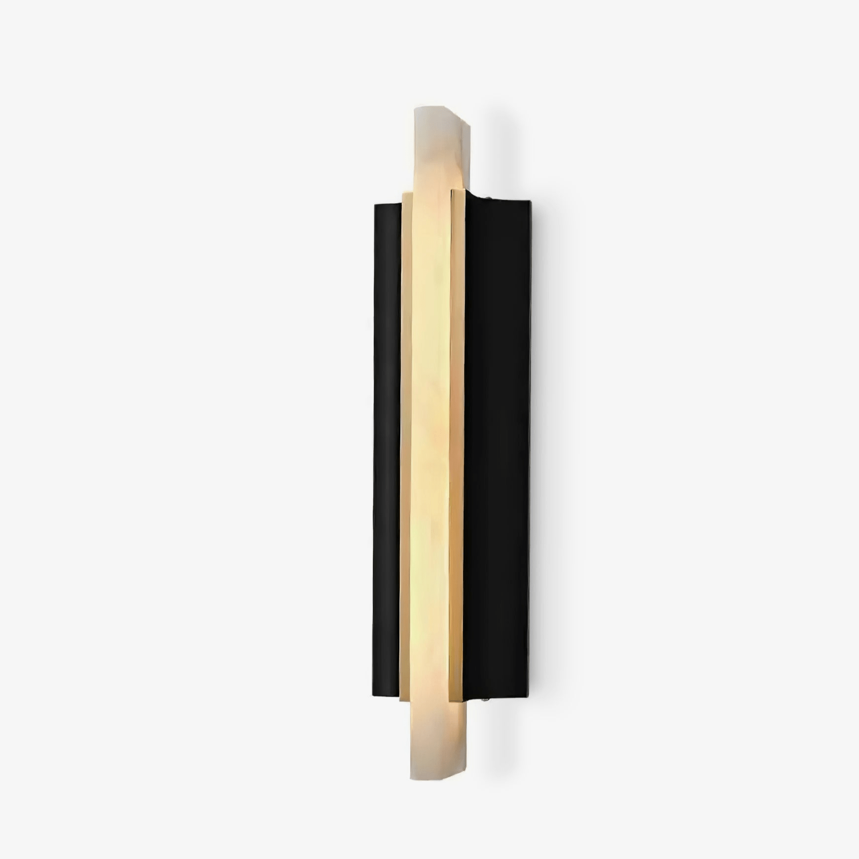 Studio view on white showing the alabaster blade overlapping the black curved backplate.