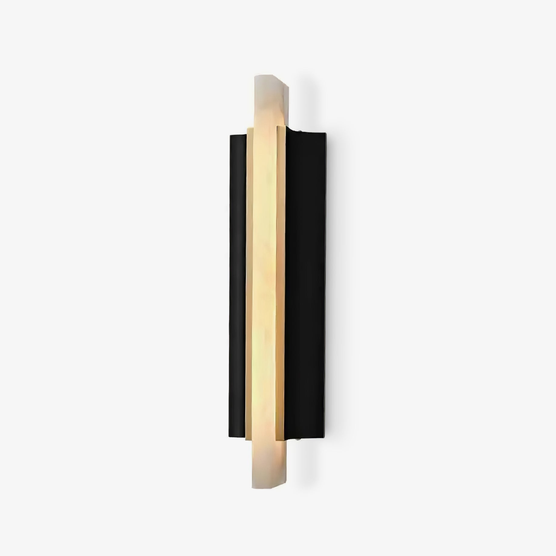 The same fixture on white, its alabaster blade glowing against the matte black panel.