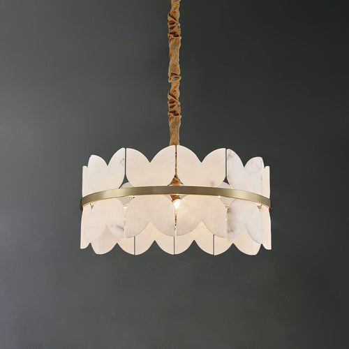 Single-tier cloudscape chandelier on dark grey, scalloped alabaster panels held by a brass ring.