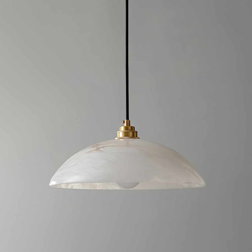 Slim alabaster dome pendant light hanging close to the ceiling
