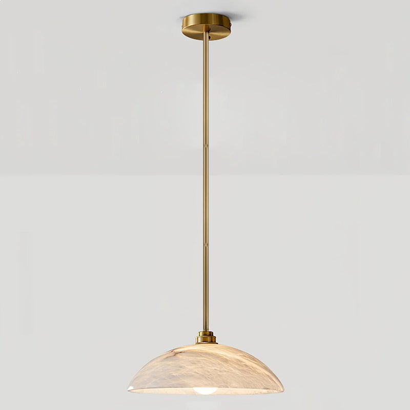White alabaster pendant light hanging close to the ceiling