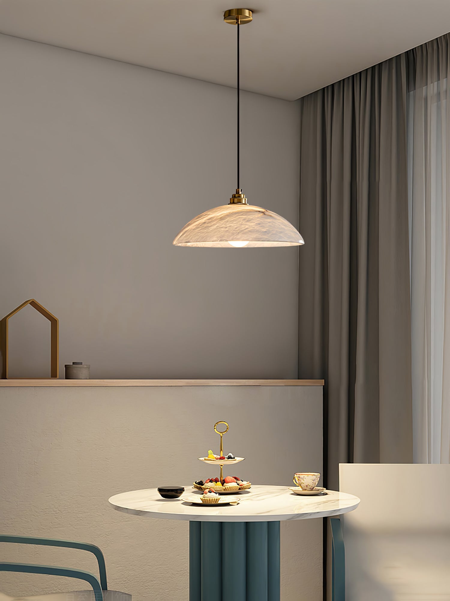 Genuine alabaster dome pendant with brass fitting and cable suspension