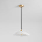 Full drop of the Nerea pendant with brass ceiling plate, cord and clear filament bulb, unlit.