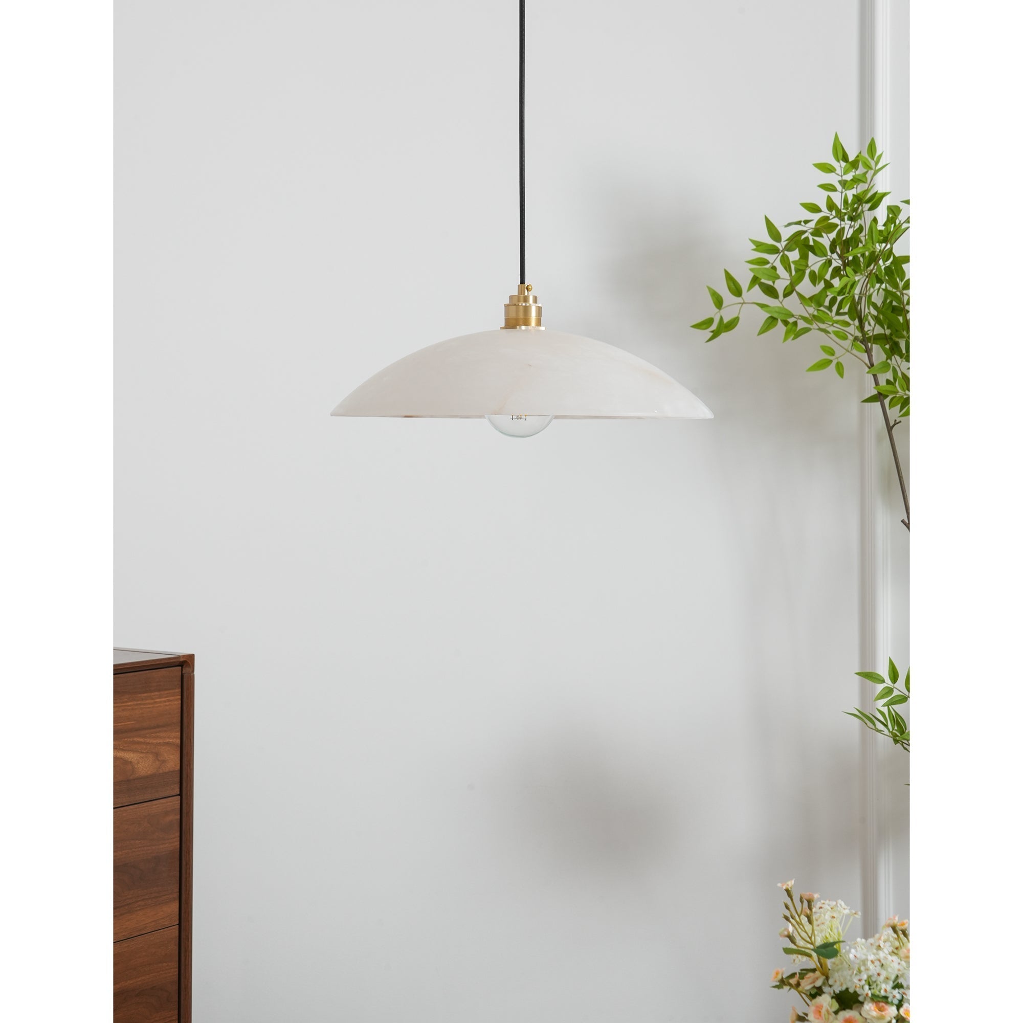 Unlit Nerea pendant casting a soft daylight shadow on the wall, a plant framing the right.