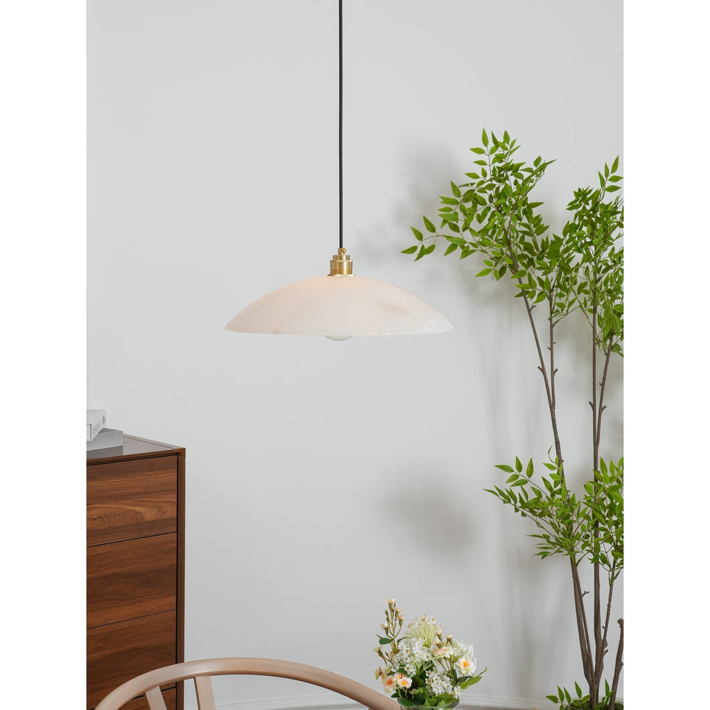 Unlit Nerea pendant beside a tall leafy plant, its shadow thrown across the white wall.