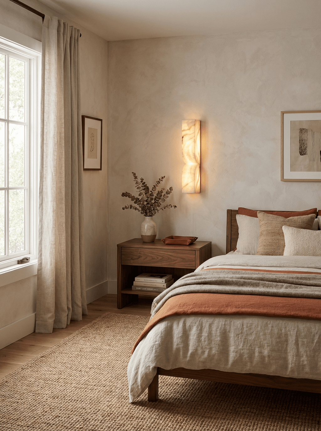 Solid alabaster wall light with internal curves and warm glow