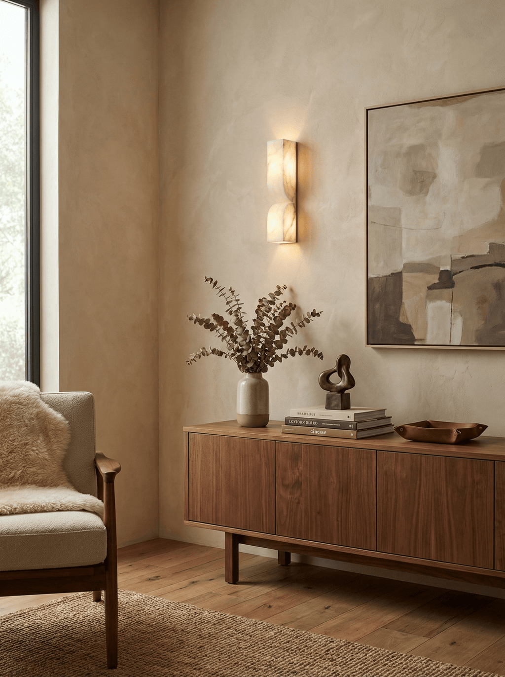 Sculptural carved alabaster sconce showing translucent stone glow