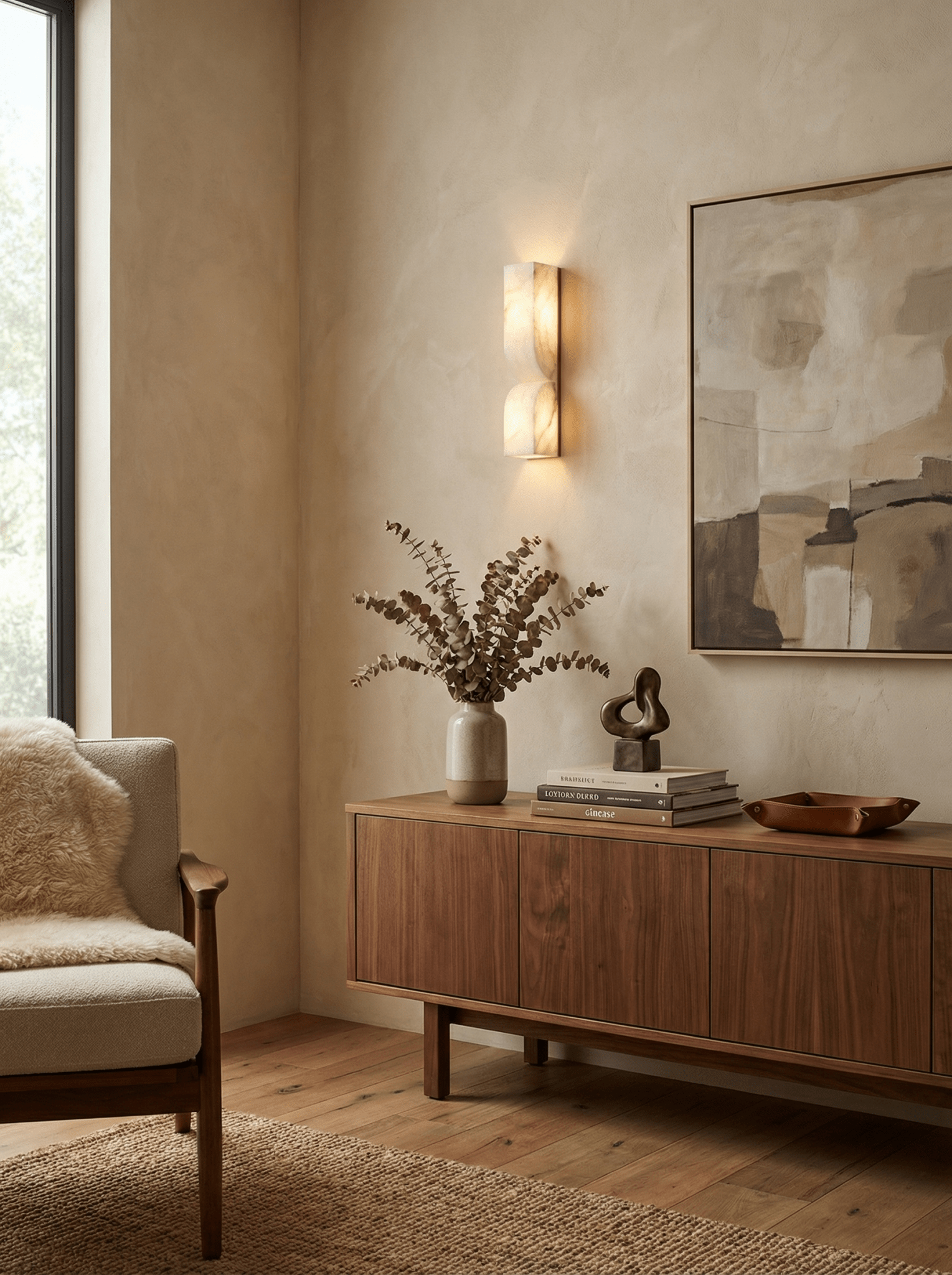 Sculptural carved alabaster sconce showing translucent stone glow