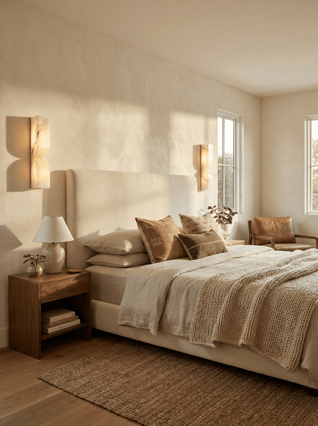 White alabaster wall sconce with warm glow beside neutral decor