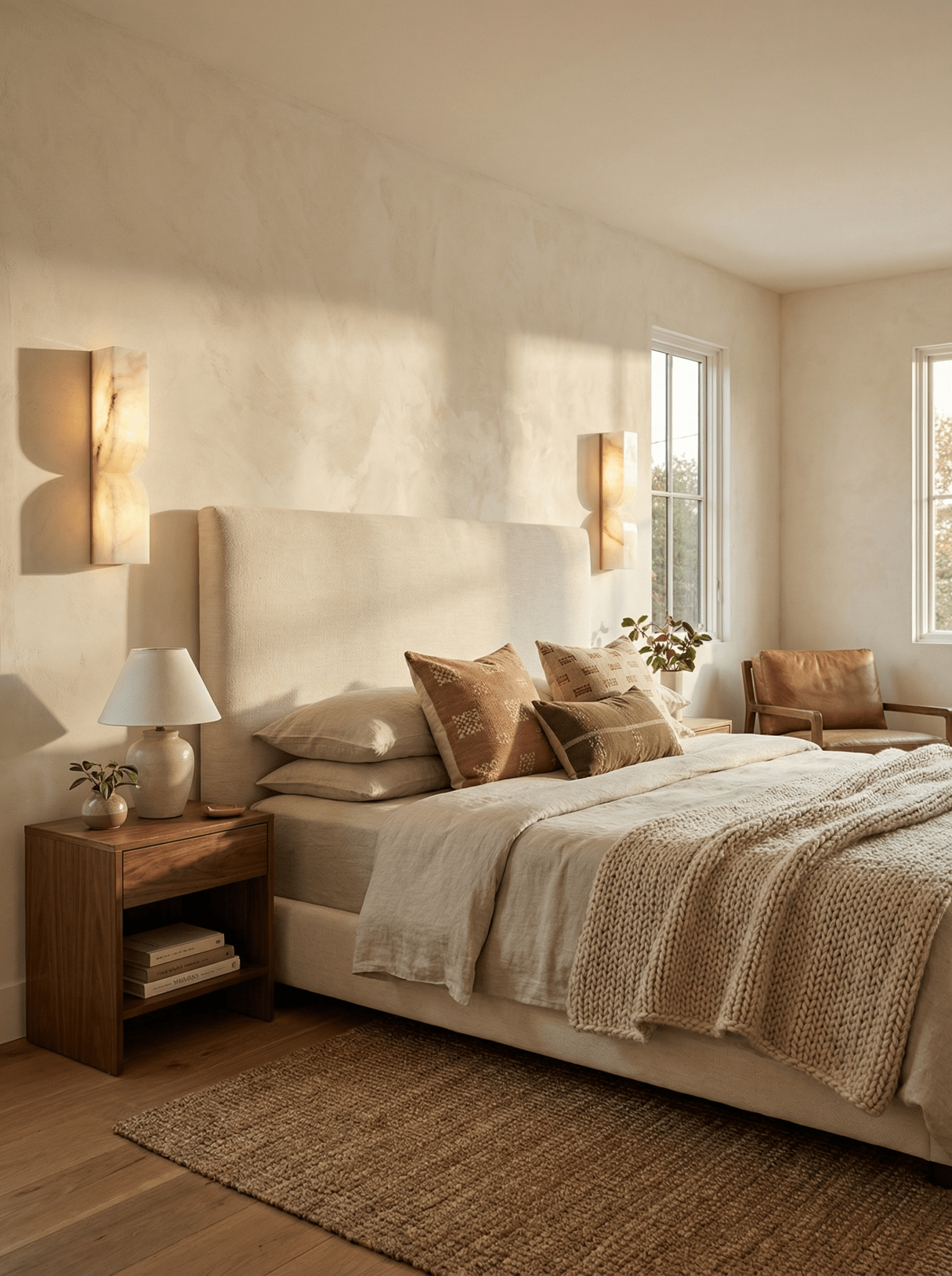 White alabaster wall sconce with warm glow beside neutral decor
