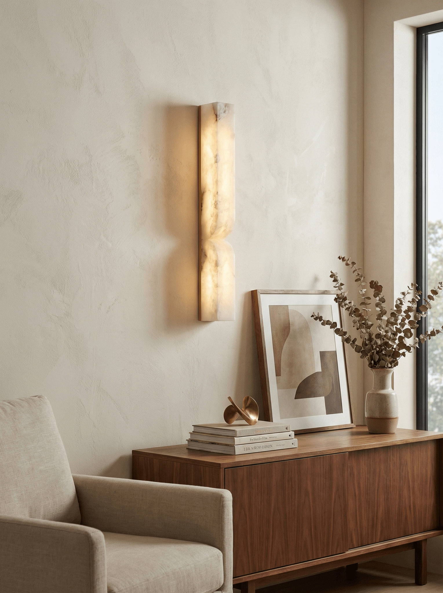 Sculptural alabaster wall light glowing softly above a console
