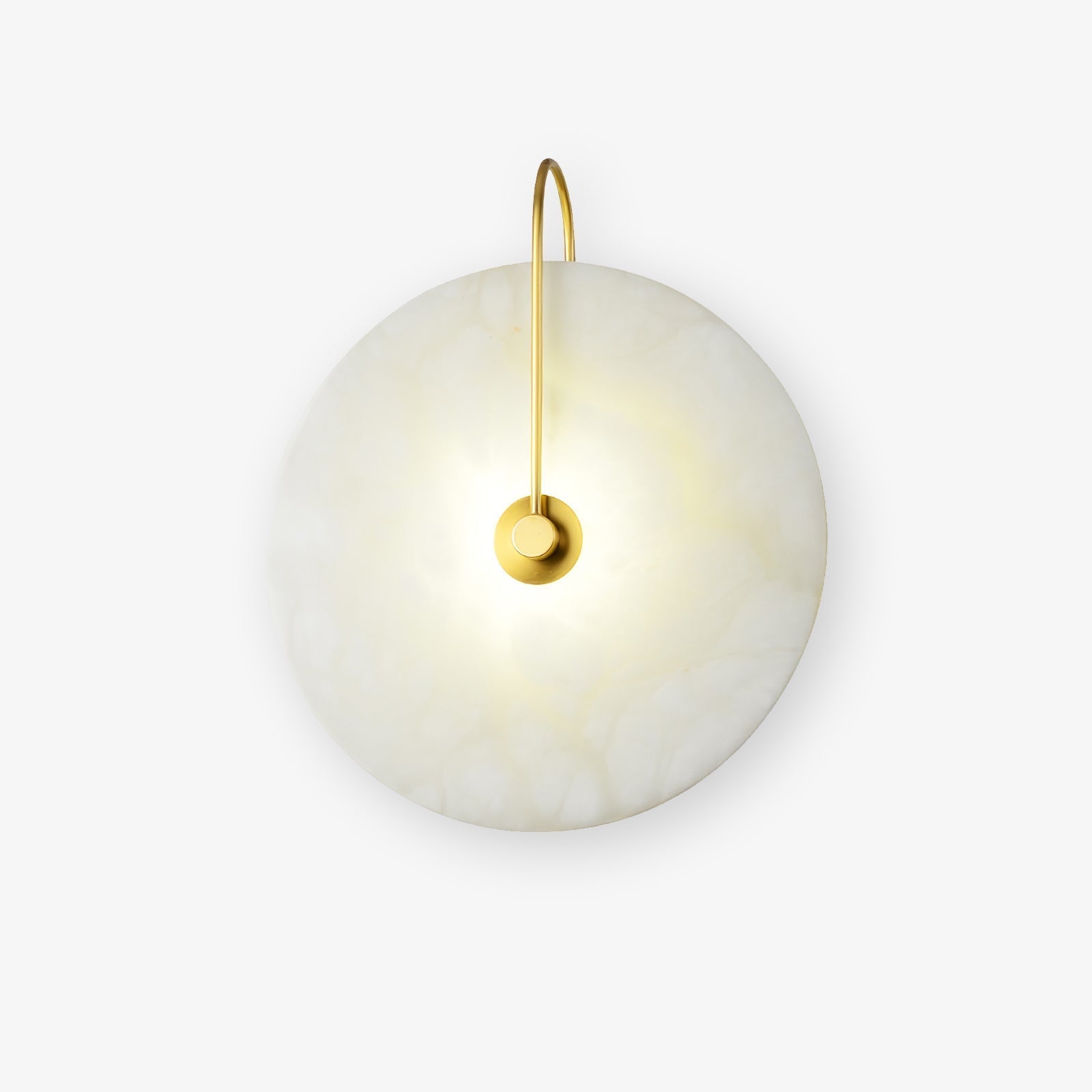 Cut-out studio image of the lit gold Elaris wall light showing the cloudy alabaster shade.