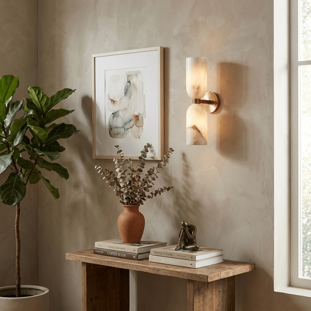 Twin alabaster column light glowing softly in a styled room