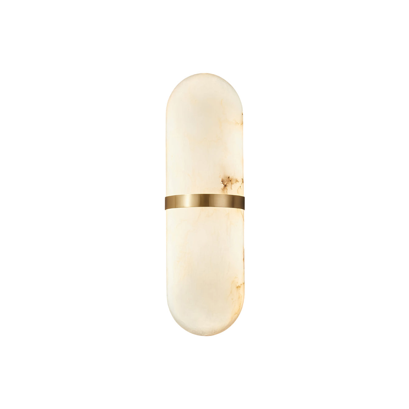 Clérachic ostruvyd alabaster wall lamp with brass band on a plain white background, softly lit from within