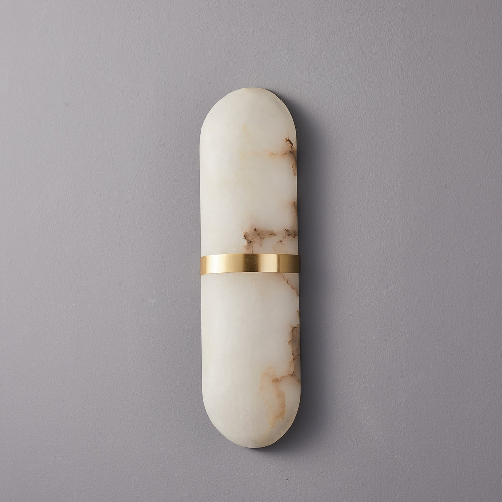 Clérachic unlit close view of the brass-banded alabaster shade, showing rust and grey veining in the stone