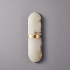 Clérachic unlit close view of the brass-banded alabaster shade, showing rust and grey veining in the stone