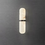Clérachic front view of the slim black-banded alabaster wall lamp, unlit, showing soft cloudy stone figuring