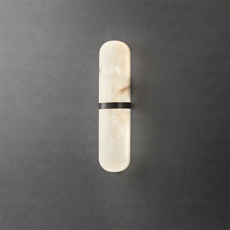 Clérachic front view of the slim black-banded alabaster wall lamp, unlit, showing soft cloudy stone figuring