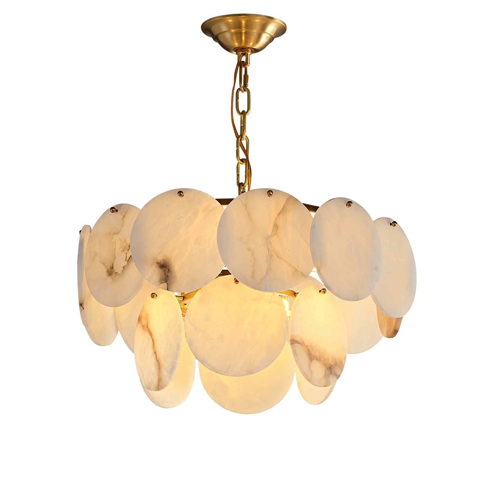 Two-tier alabaster chandelier on white, overlapping round stone discs hung from a brass chain.
