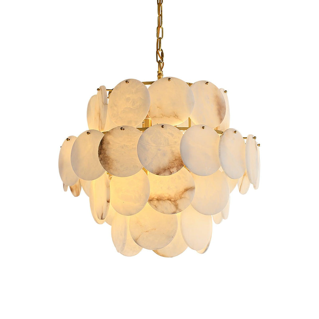 Three tiers of alabaster discs on white, the brass chain and canopy visible above.