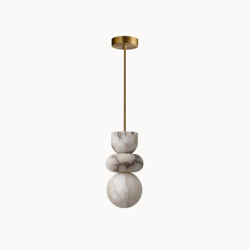Full alabaster totem pendant with brass canopy and long suspension rod, shown unlit on a white background
