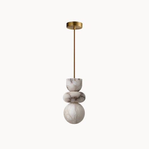 Full alabaster totem pendant with brass canopy and long suspension rod, shown unlit on a white background