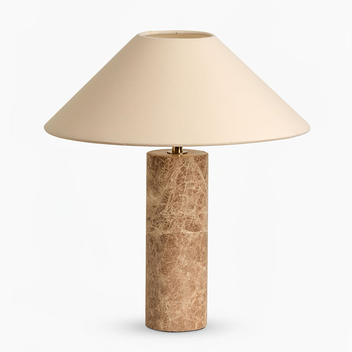Close-up from a low angle of the Clérachic table lamp's shade underside, shown unlit and pale ivory.