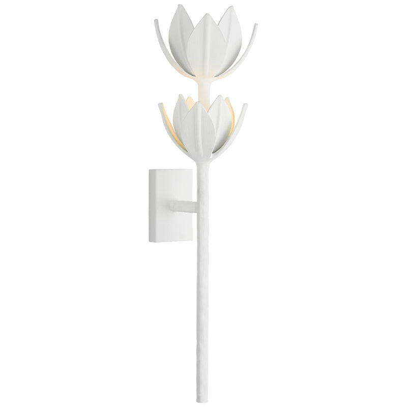 White plaster Kristy sconce, large size, twin blooms stacked on a hand-textured long stem.