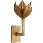 Gold-leaf Kristy sconce in the small size, petals folded into a bud above a short sculpted stem.