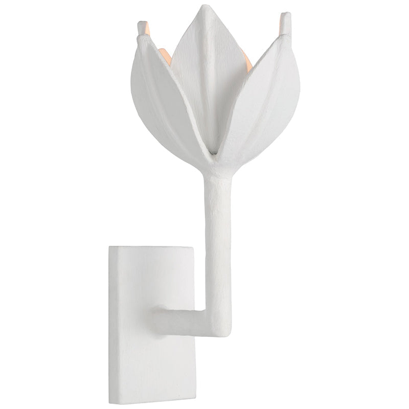 White plaster Kristy sconce, small size, side-angled view of the folded petals and short stem.