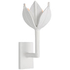 White plaster Kristy sconce, small size, side-angled view of the folded petals and short stem.