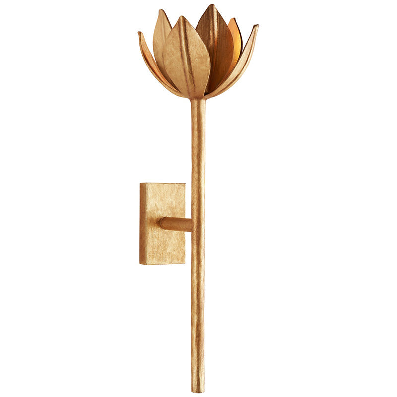 Gold-leaf Kristy sconce in the medium size, open bloom on a long slender stem, seen at an angle.