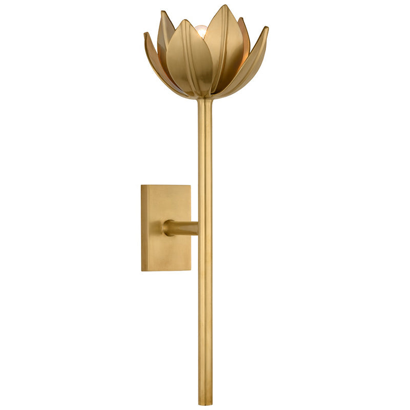 Brass Kristy sconce, medium size, front view of the open bloom above its long tapered stem.