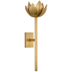Brass Kristy sconce, medium size, front view of the open bloom above its long tapered stem.