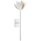 White plaster Kristy sconce, medium size, front view with warm light showing between the open petals.