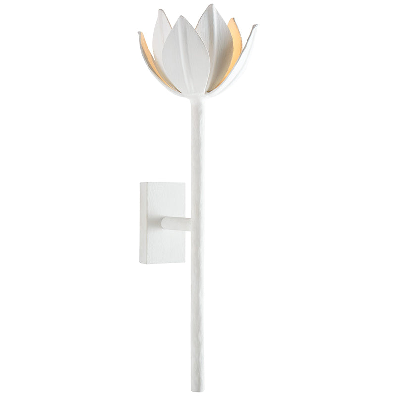 Medium Kristy sconce in white plaster, open flower head on a long stem with a rectangular backplate.