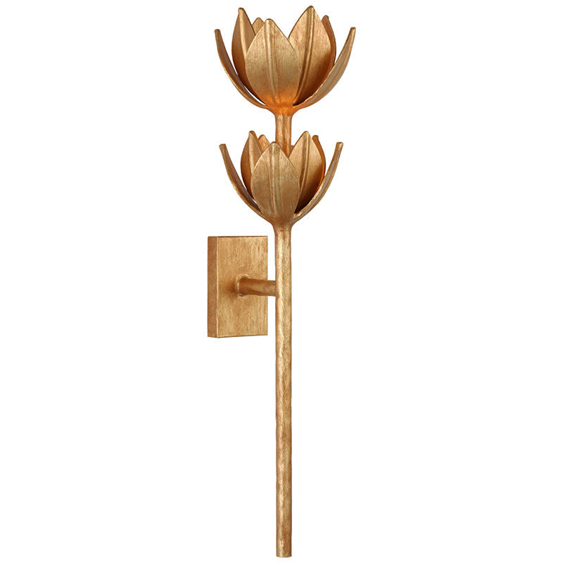 Large Kristy sconce in gold leaf, the upper bloom open and the lower bloom nested beneath it.