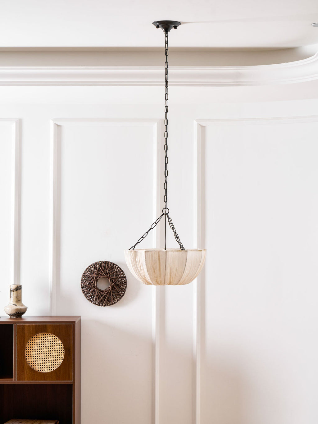 Gathered cotton pendant light with soft neutral shade