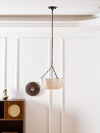 Gathered cotton pendant light with soft neutral shade