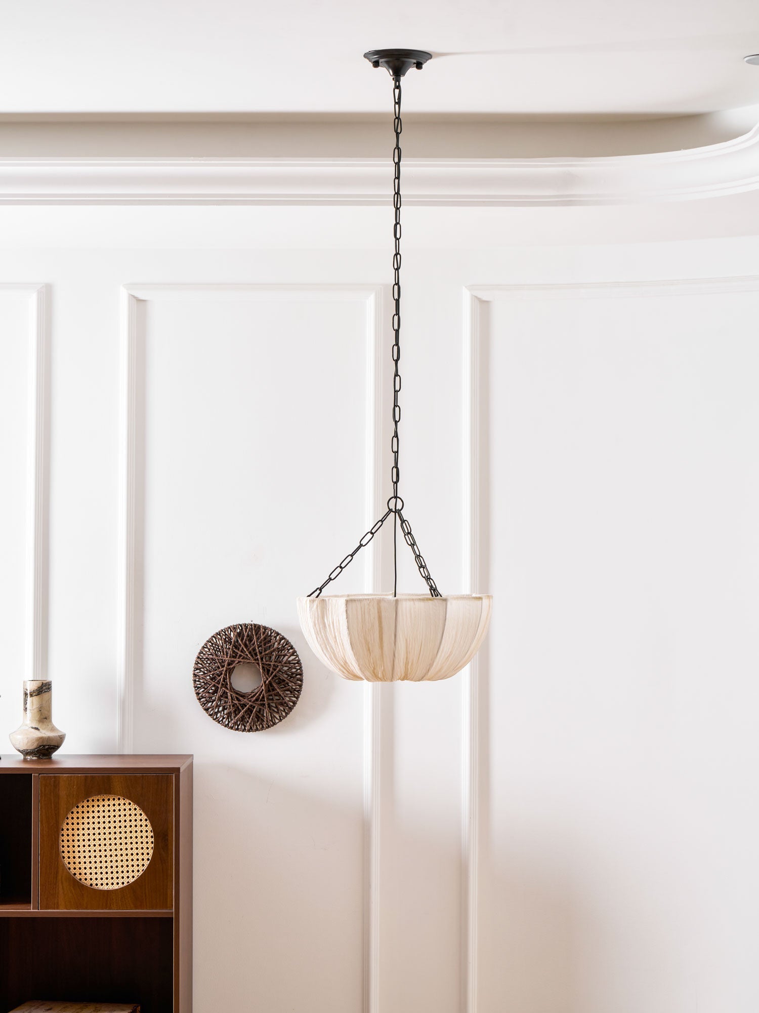 Gathered cotton pendant light with soft neutral shade